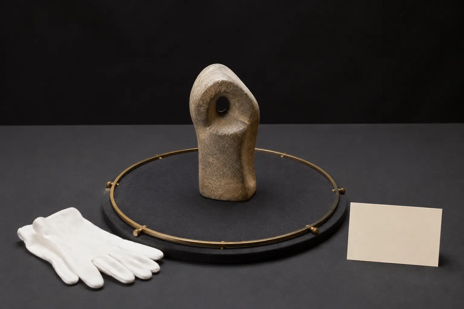 Anonymous sculptural object, blank lot card and unused cataloguing gloves