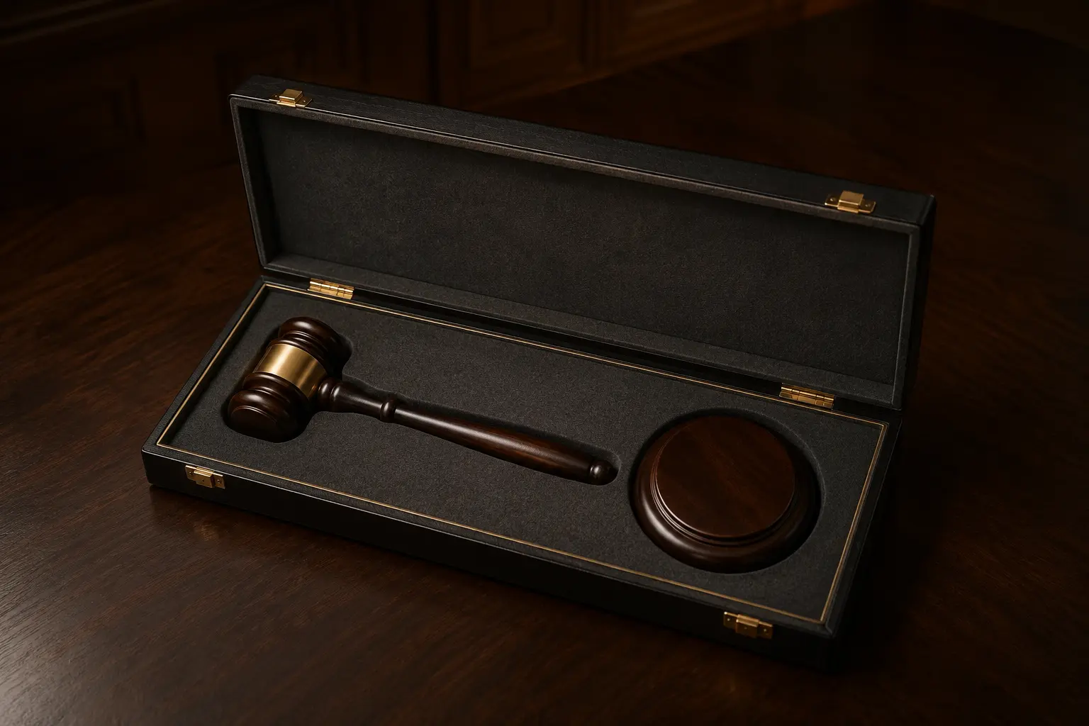 Walnut gavel and sound block resting in an open fitted case