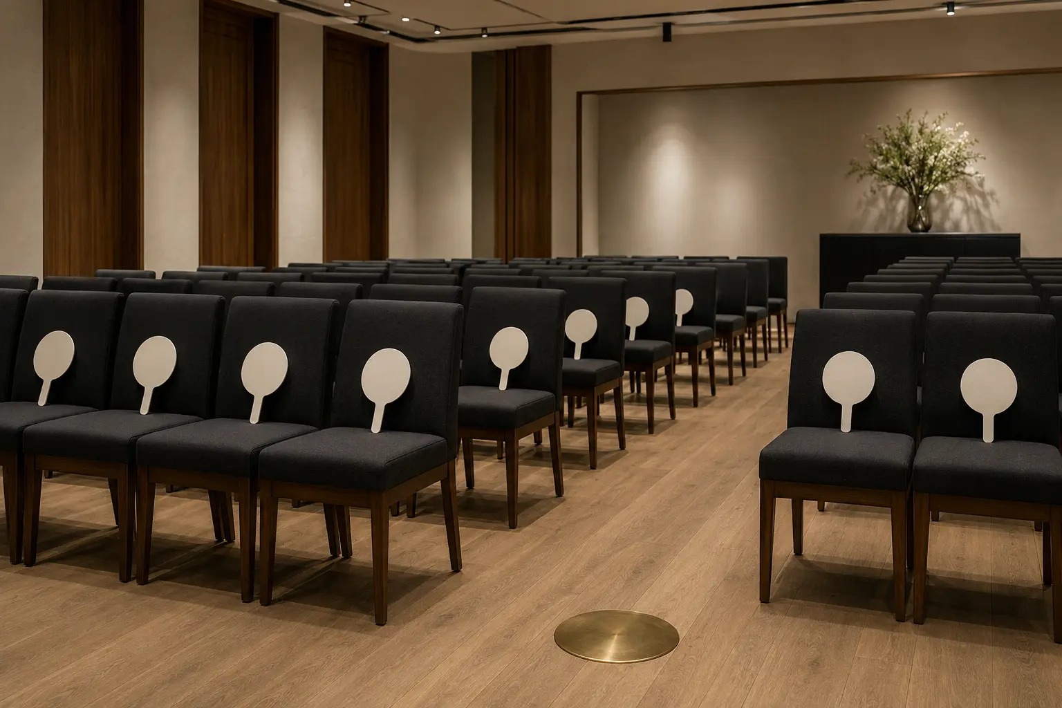 Empty contemporary auction room with unmarked bidding paddles